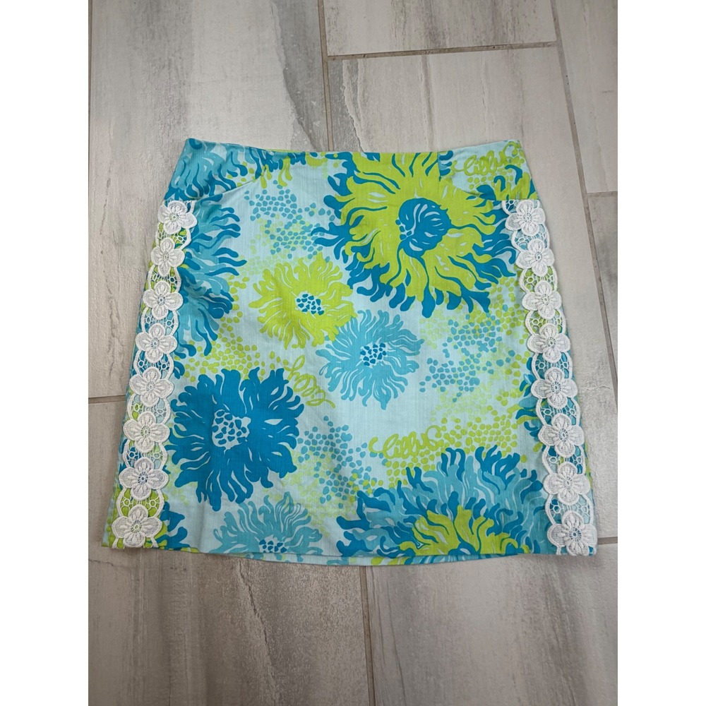 Lilly Pulitzer Originals Floral Lace Trim Skort Blue Green Yellow Size 8 Mini